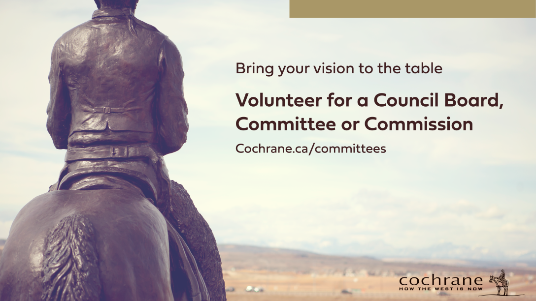 Men on vision statue looking over the Cochrane valley. Visit cochrane.ca/committees