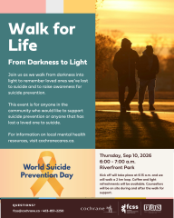 Poster for the Walk for Life in recognition of World Suicide Prevention Day. It features a sunrise photo of two people walking, event details, information about the community walk, local mental health resources and partner logos.