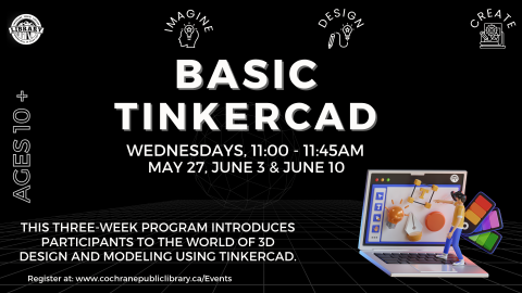 Black background with 3d graphics and a computer. Event information.