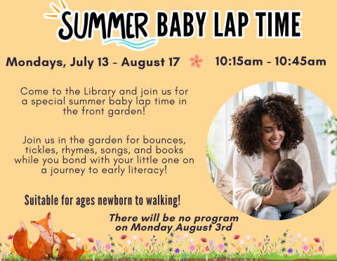Brightly coloured yellow poster for Summer Baby Lap Time detailing the specifics of the program.