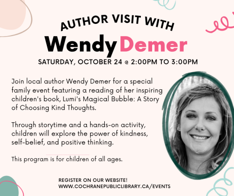 Light pink poster with black and white photo of author Wendy Demer